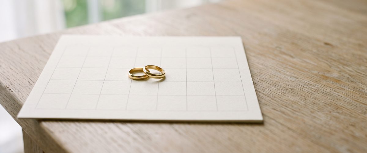 Two plain gold wedding bands resting on a blank monthly calendar grid on a wooden table in daylight.